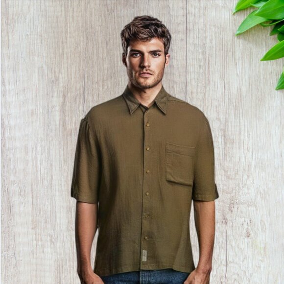 NAUTICA -- Men's Shirt, Linen, Short Sleeved Button Down, Collar, Beige, Pocket - Picture 1 of 9